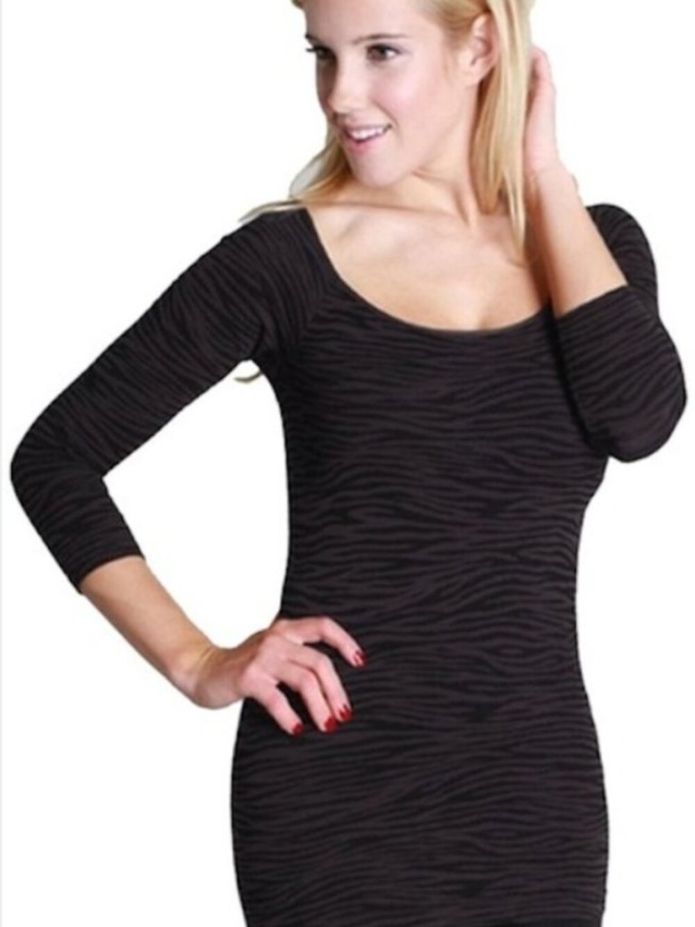 New Dark Brown Zebra Striped Beige 3/4 Sleeve Top One Size